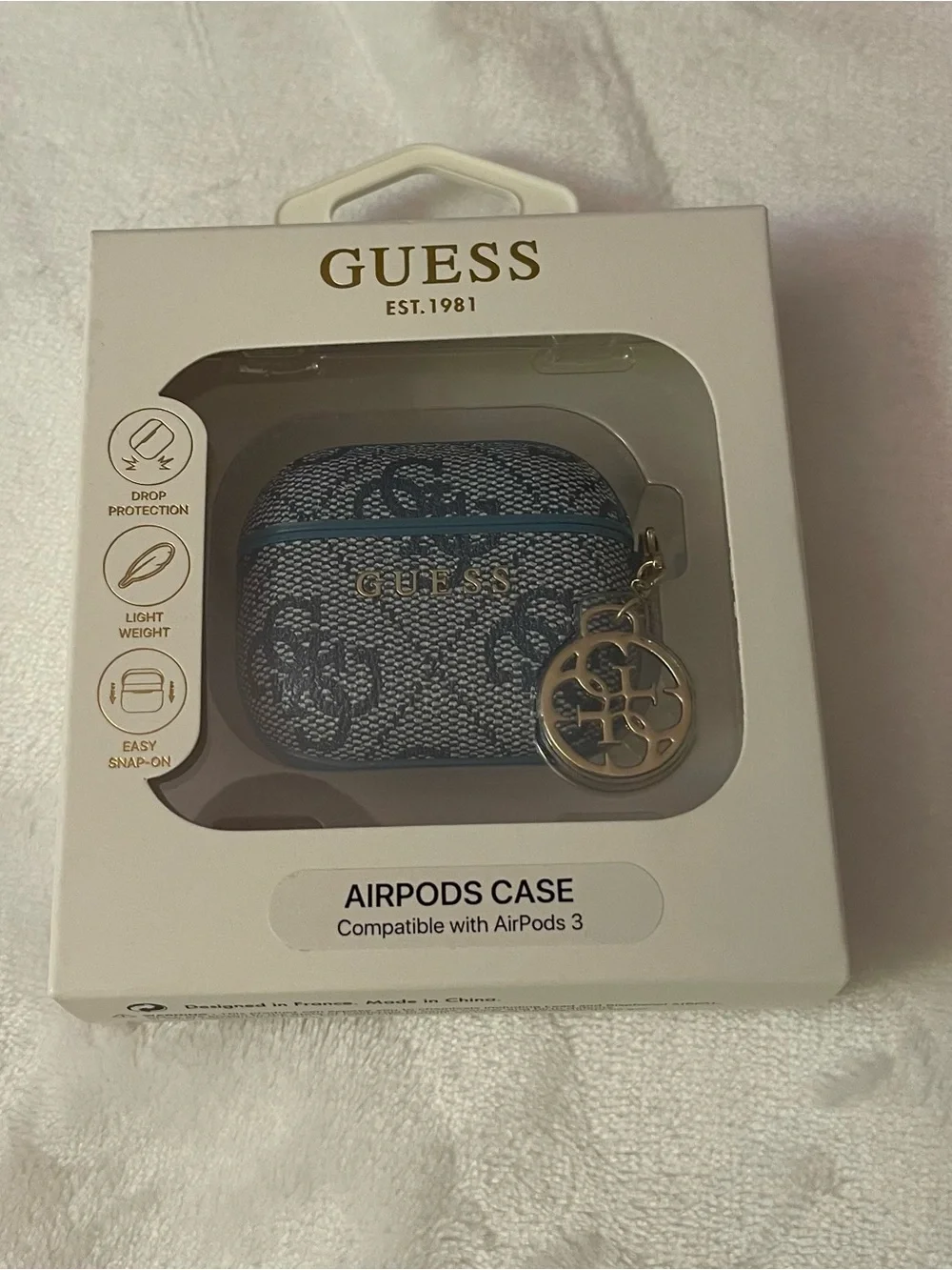 GUESS Blue Monogram AirPods 3 Case with Gold Charm Accent